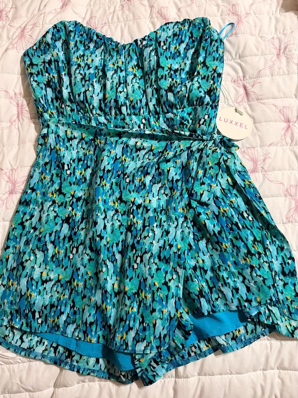 Luxxel Turquoise Multi-Print Strapless Romper